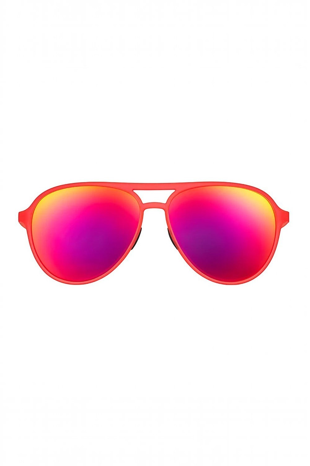 Óculos de sol SPORTBR Goodr Captain Blunt's Red-Eye com armação vermelha e lentes espelhadas rosas polarizadas.