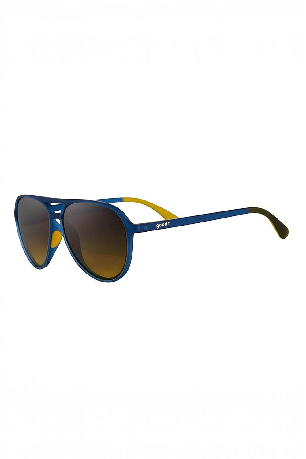 Óculos de sol SPORTBR Goodr Frequent SkyMall Shoppers com armação azul, lentes marrons polarizadas e detalhes amarelos.