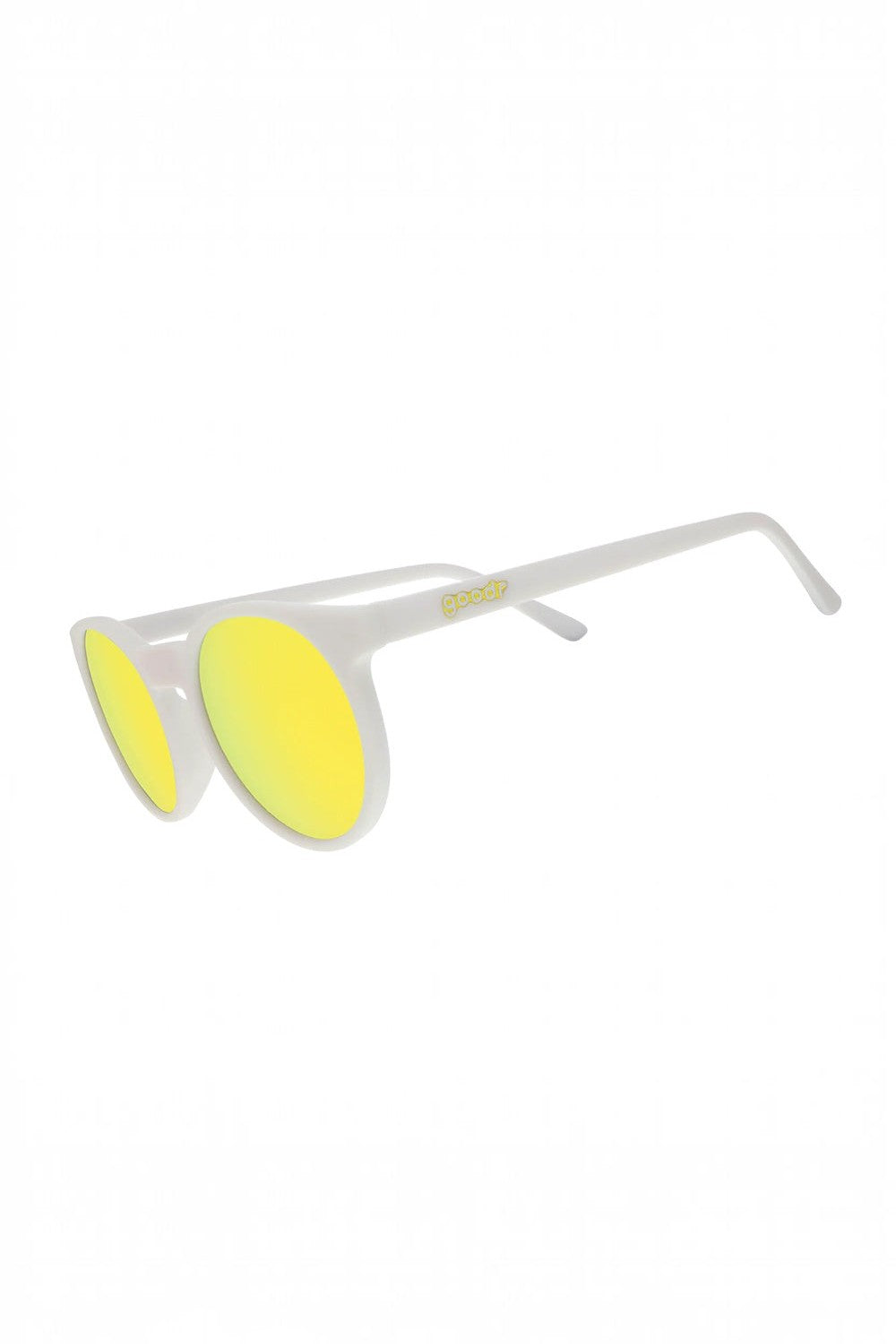 Óculos de sol SPORTBR Goodr Yolk's on You com armação branca e lentes espelhadas amarelas polarizadas para corrida.