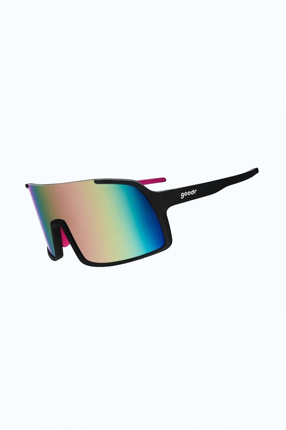Óculos de sol esportivos SPORTBR Goodr com armação preta, lentes espelhadas roxas e design aerodinâmico para corrida.
