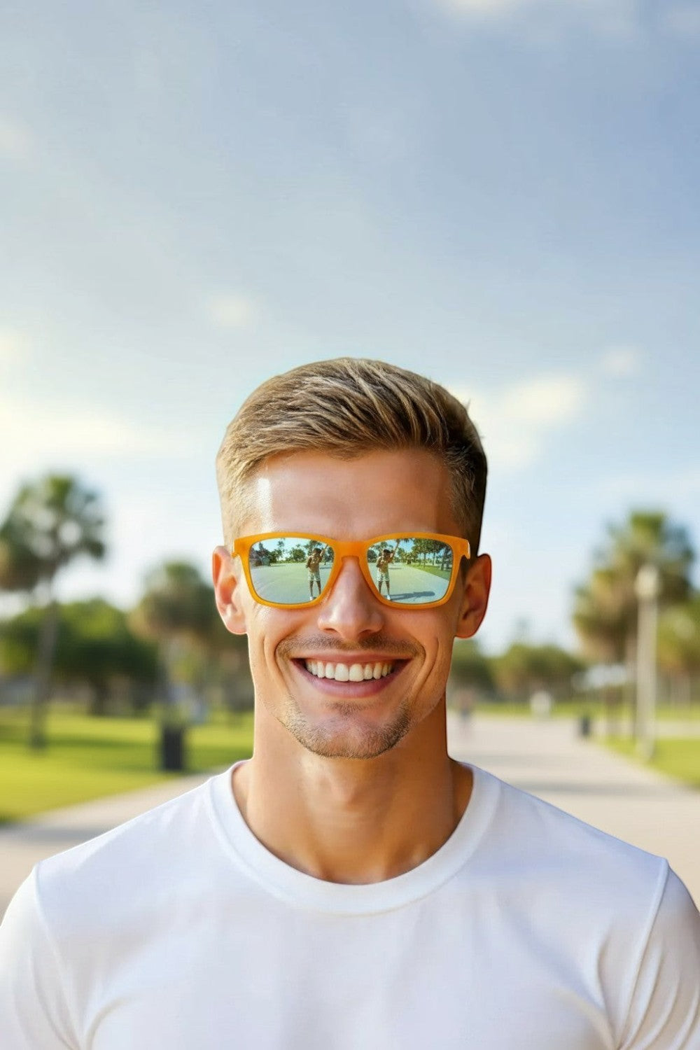 Homem sorridente usando óculos de sol SPORTBR Goodr Never The Big Spoon com armação laranja e lentes azuis espelhadas.