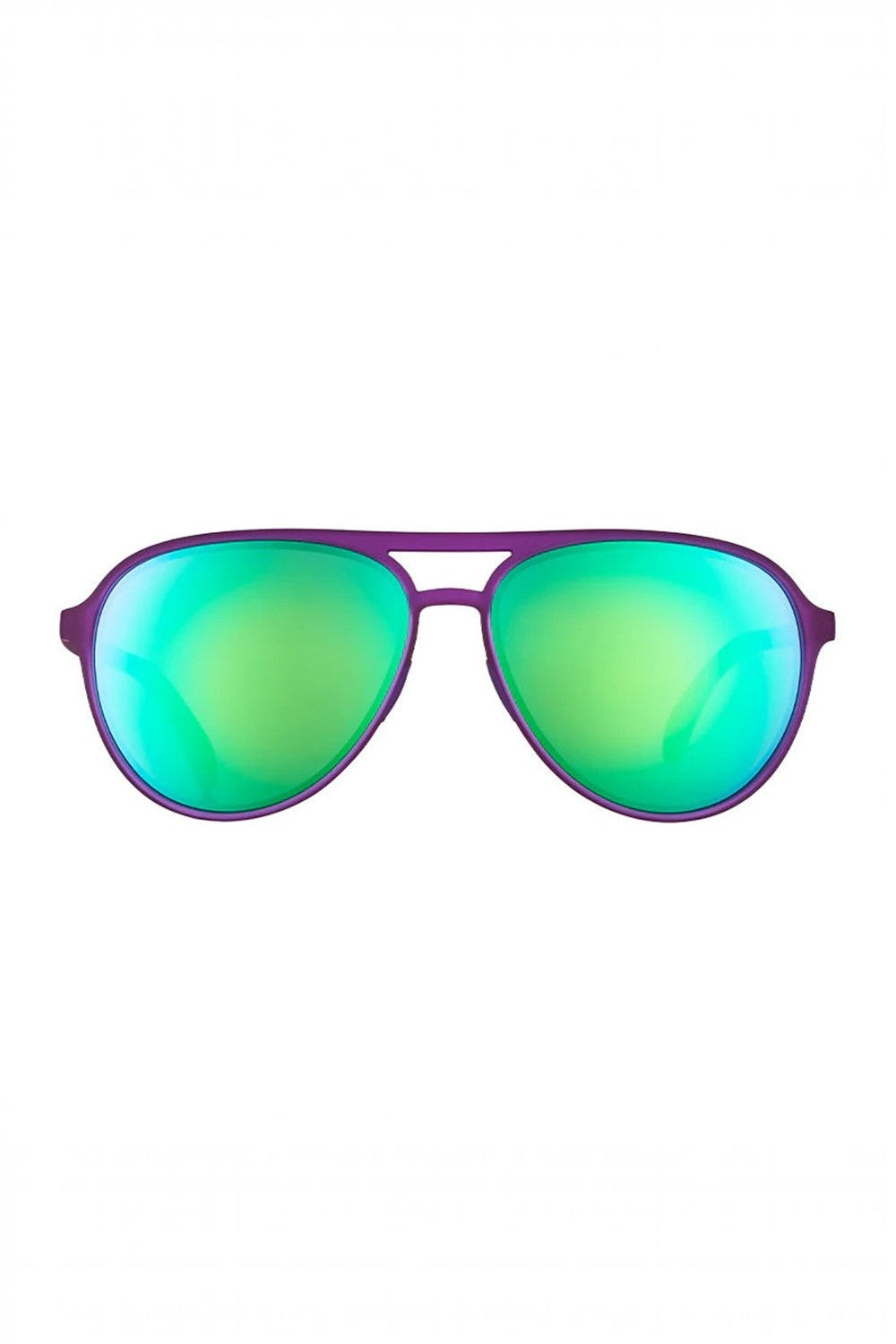 Óculos de sol SPORTBR Goodr lilás com lentes espelhadas verdes polarizadas, ideal para corrida e esportes ao ar livre.