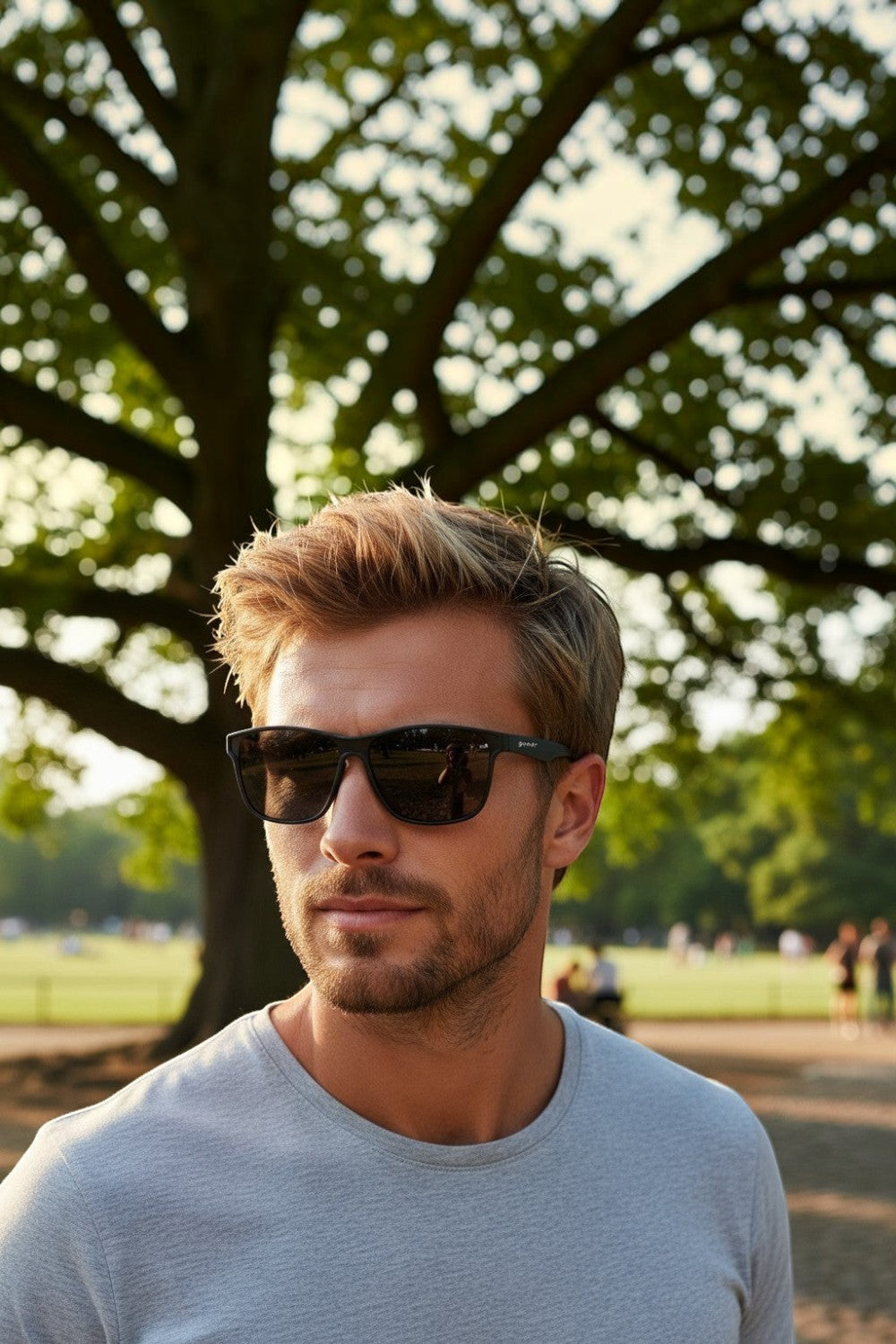 Homem usando óculos de sol esportivos pretos Goodr The Future is Void em um parque ensolarado.