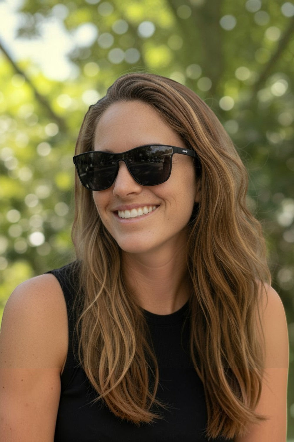 Mulher sorrindo usando óculos de sol esportivos pretos SPORTBR Goodr The Future is Void com lentes polarizadas.