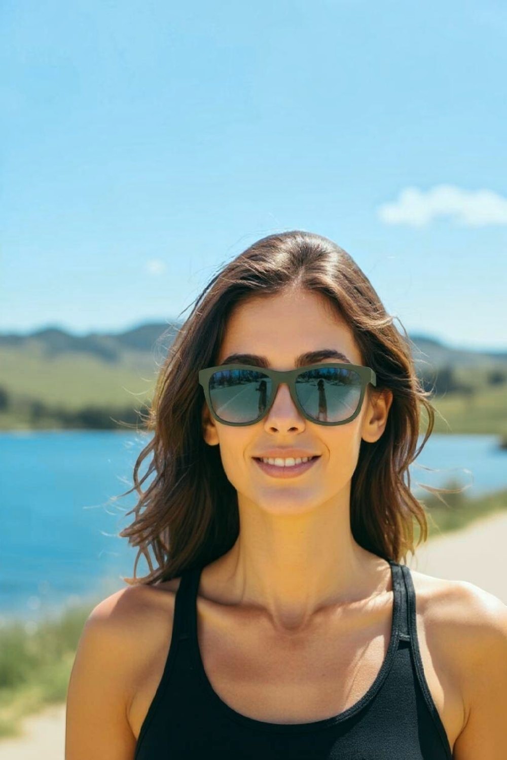 Mulher usando óculos de sol SPORTBR Goodr Mint Julep Electroshocks verdes, polarizados e espelhados ao ar livre.