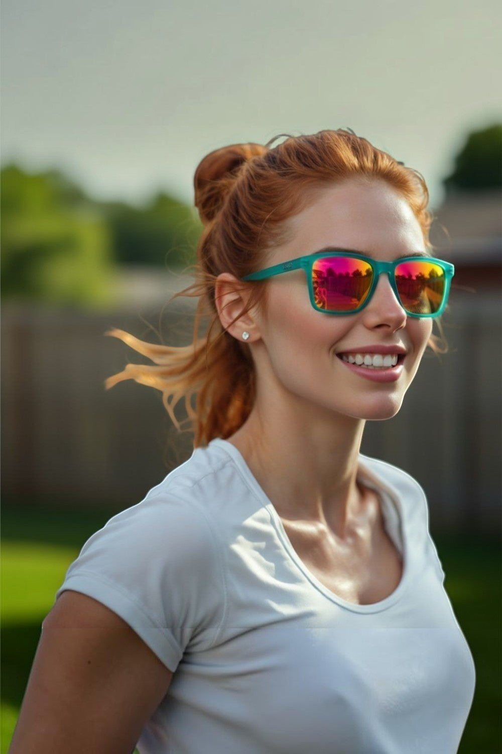 Mulher ruiva usando óculos de sol SPORTBR Goodr Short With Benefits com armação verde e lentes espelhadas rosas.