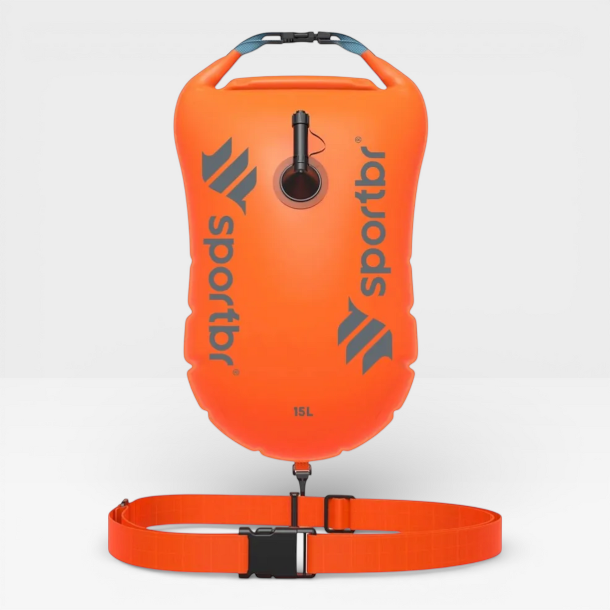 SPORTBR orange 15L open water swimming safety buoy with adjustable belt and whistle. Waterproof storage compartment.