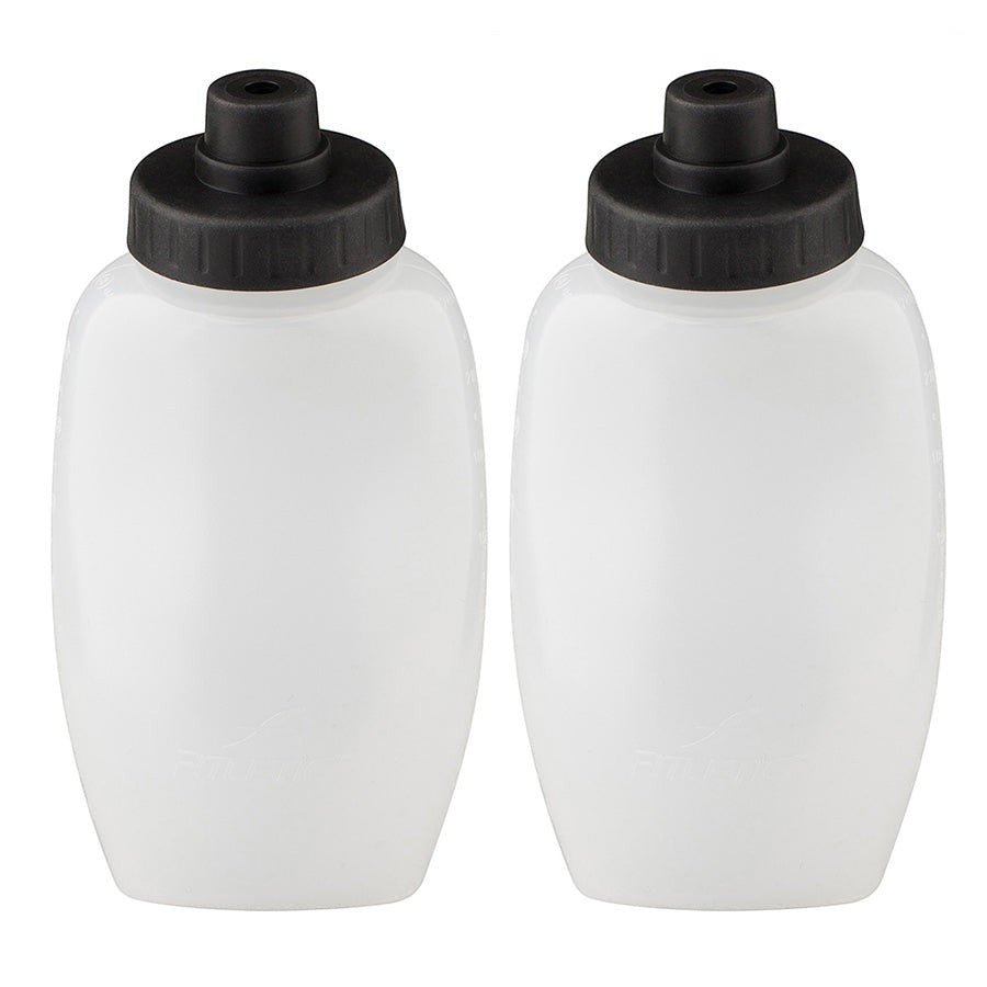 Par de garrafas squeeze Fitletic brancas 237ml com bico preto de fluxo rápido e tampa antivazamento.