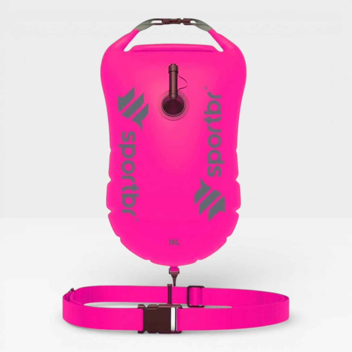 SPORTBR pink 15L open water swimming safety buoy with adjustable belt and whistle. Waterproof compartment for gear.