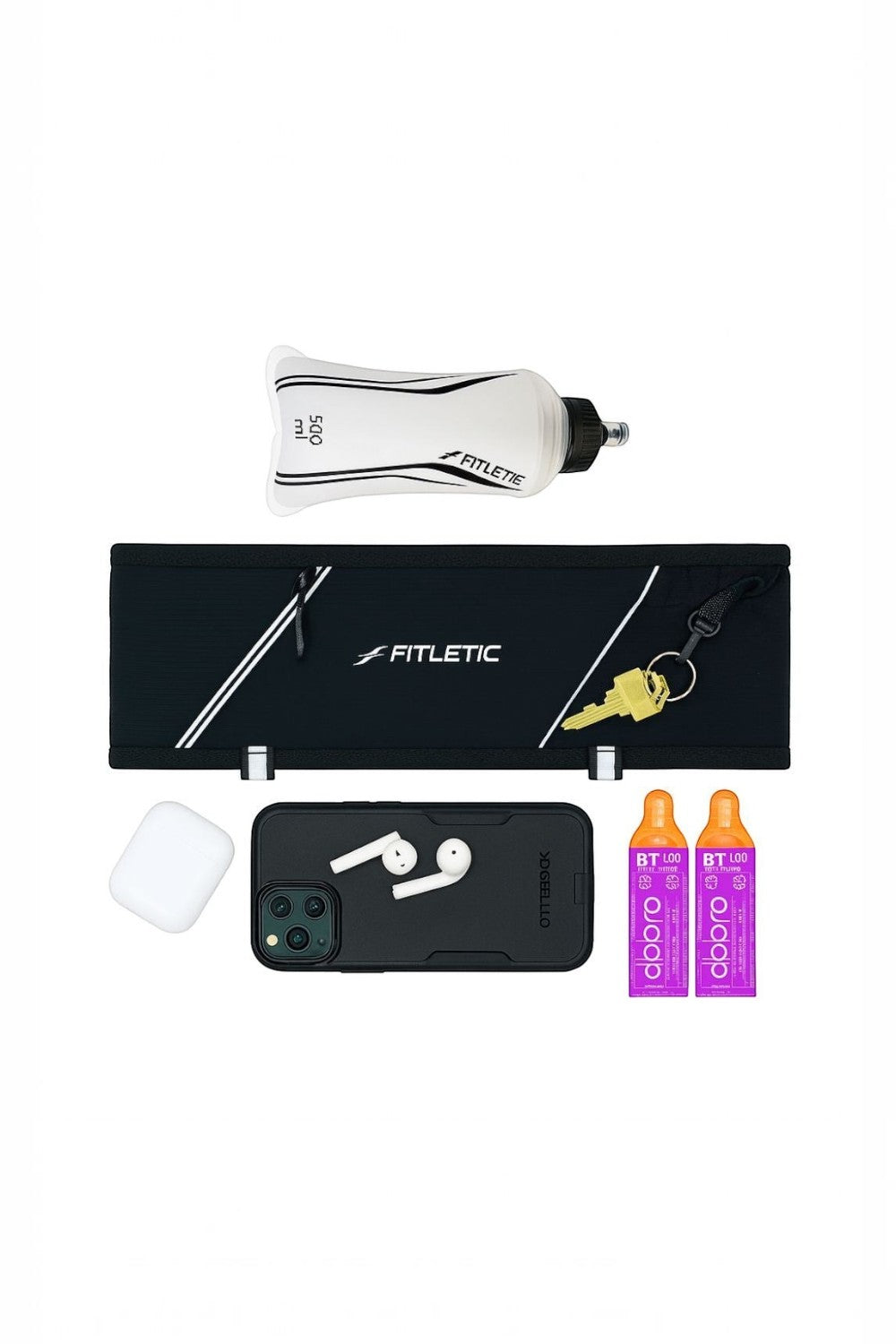 Pochete de corrida preta Fitletic 360 Plus da SPORTBR com garrafa, celular, fones e géis de carboidrato organizados.