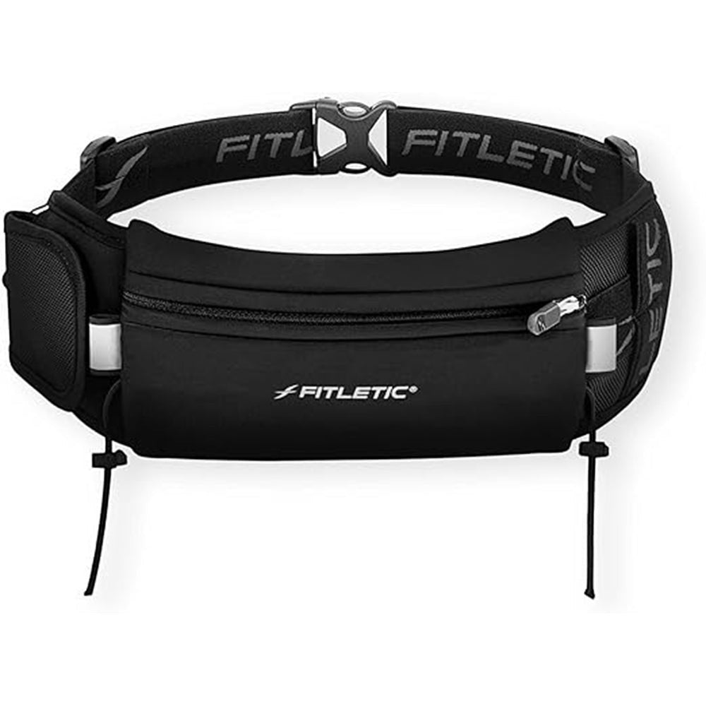 Pochete preta Fitletic Ultimate II com 5 porta géis, bolso lateral e porta número. Ideal para corrida.