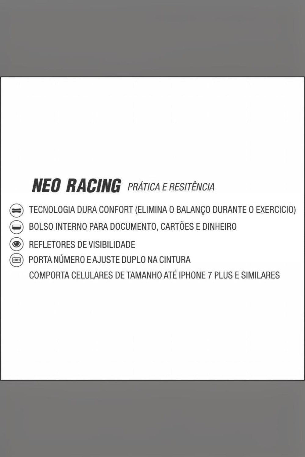 Infográfico informativo da pochete de corrida SPORTBR Neo Racing destacando tecnologias de conforto e recursos.