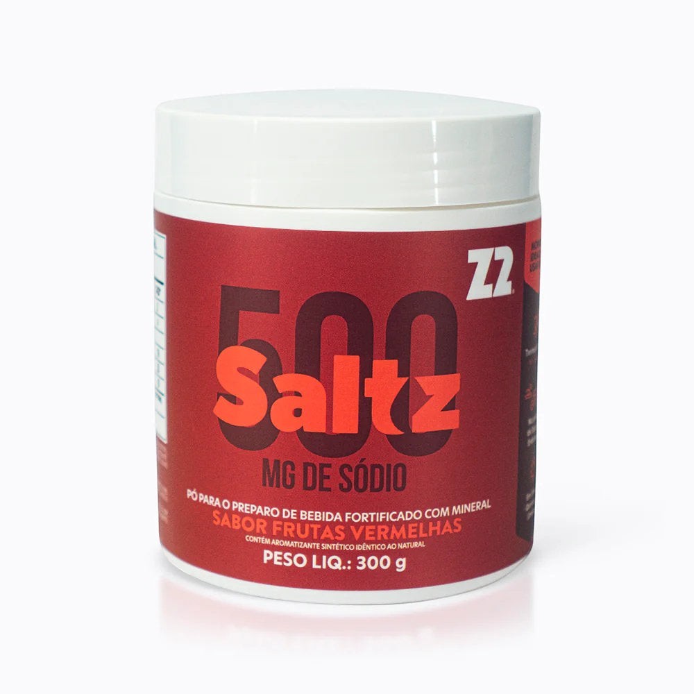 Pote Saltz 500 Z2 300g com sabor Frutas Vermelhas, pó para preparo de bebida fortificado com sódio e magnésio.