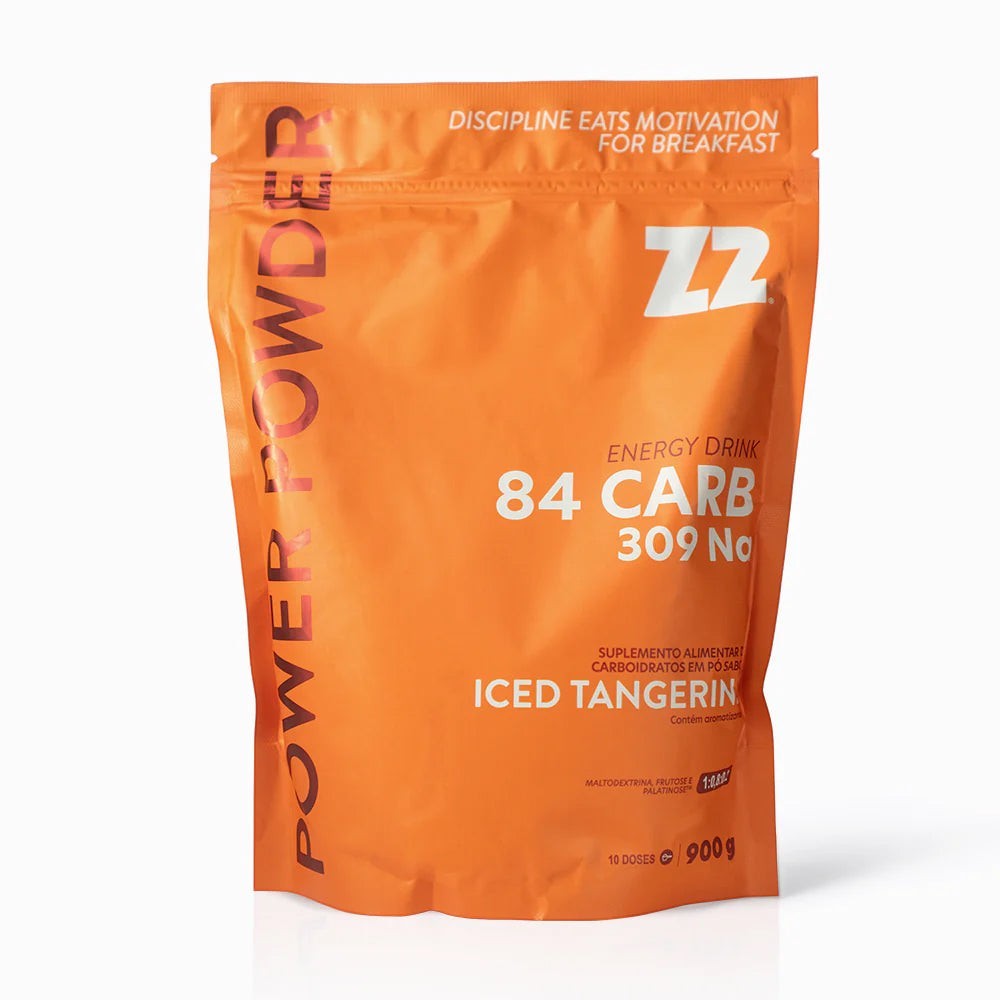 SPORTBR Pack Energy Drink Power Powder Z2 Iced Tangerine 900g com 84g de carboidratos e 309mg de sódio por porção.