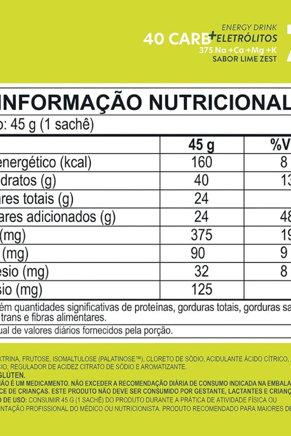 Tabela nutricional do suplemento energético SPORTBR Power Powder sabor Lime Zest com eletrólitos e carboidratos