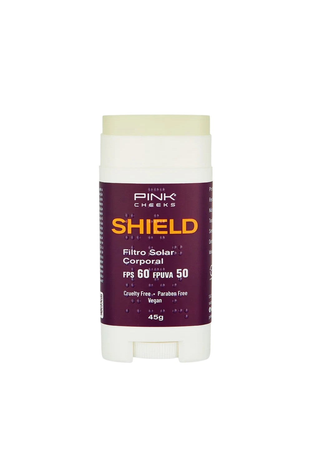 Protetor solar corporal em bastão SPORTBR Pink Cheeks Shield FPS 60 com embalagem roxa e branca