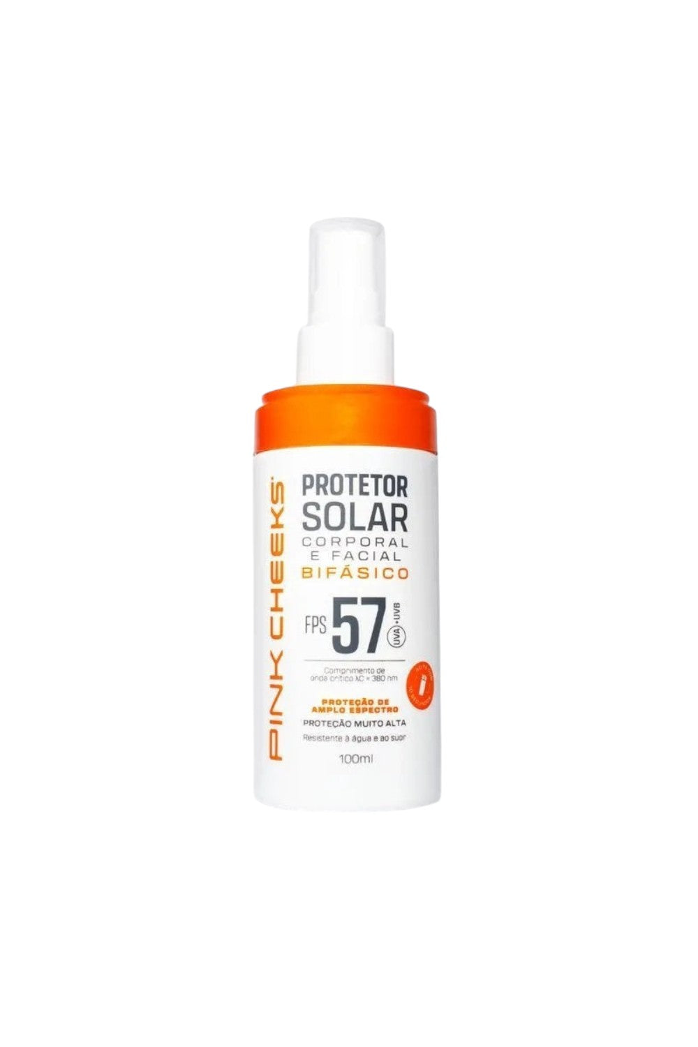 Protetor solar bifásico SPORTBR Pink Cheeks em spray, FPS 57, embalagem branca e laranja de 100ml para corpo e rosto.