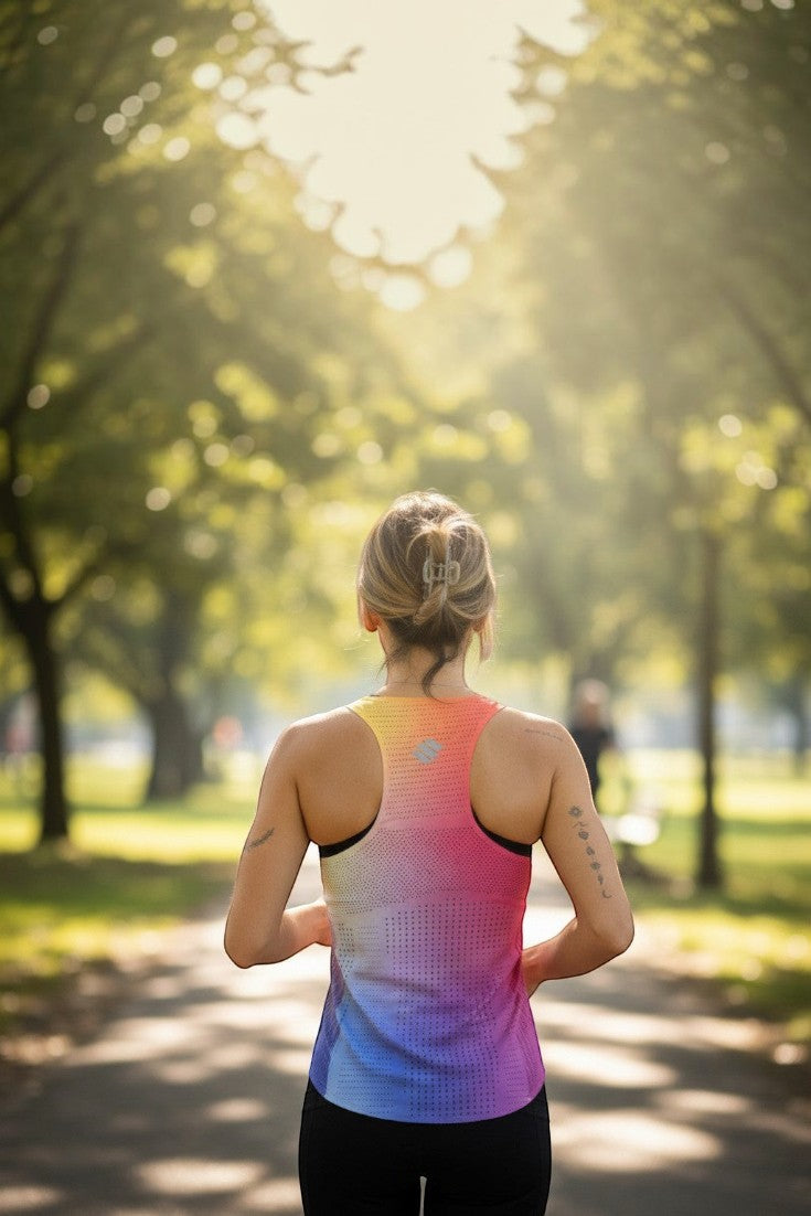 Mulher de costas usando regata de corrida SPORTBR AirMesh colorida com gradiente, tecido respirável em parque ensolarado.