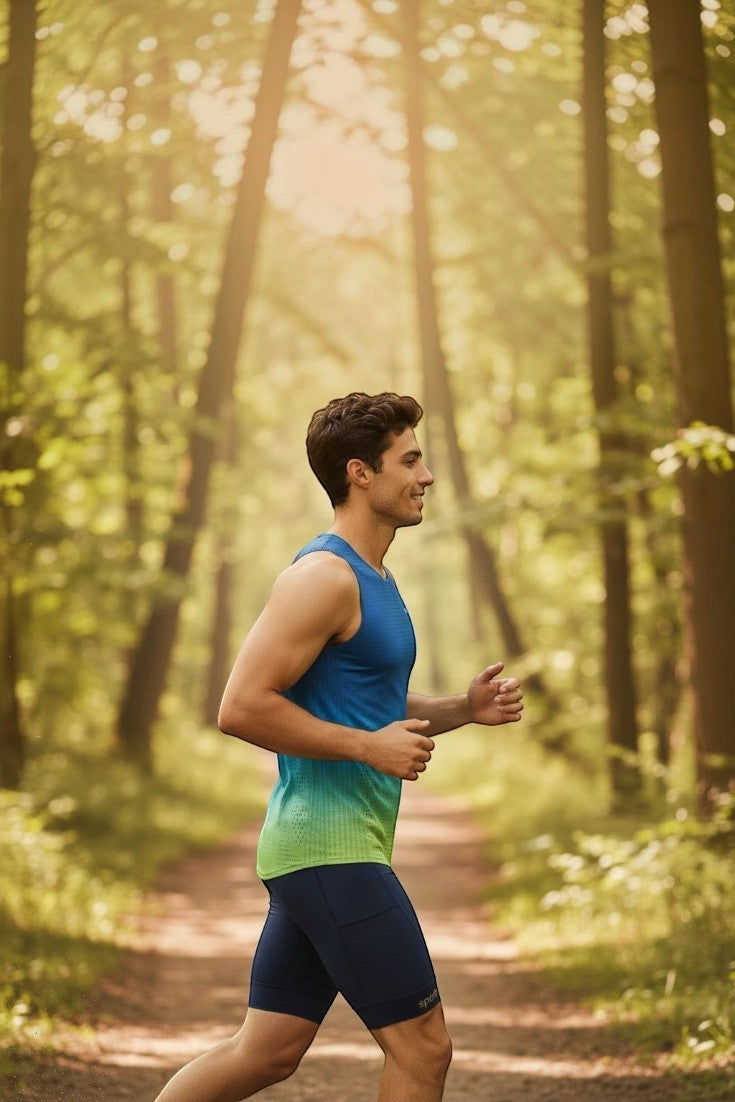 Homem correndo em trilha usando regata esportiva azul e verde SPORTBR AirMesh com tecido respirável ultraleve