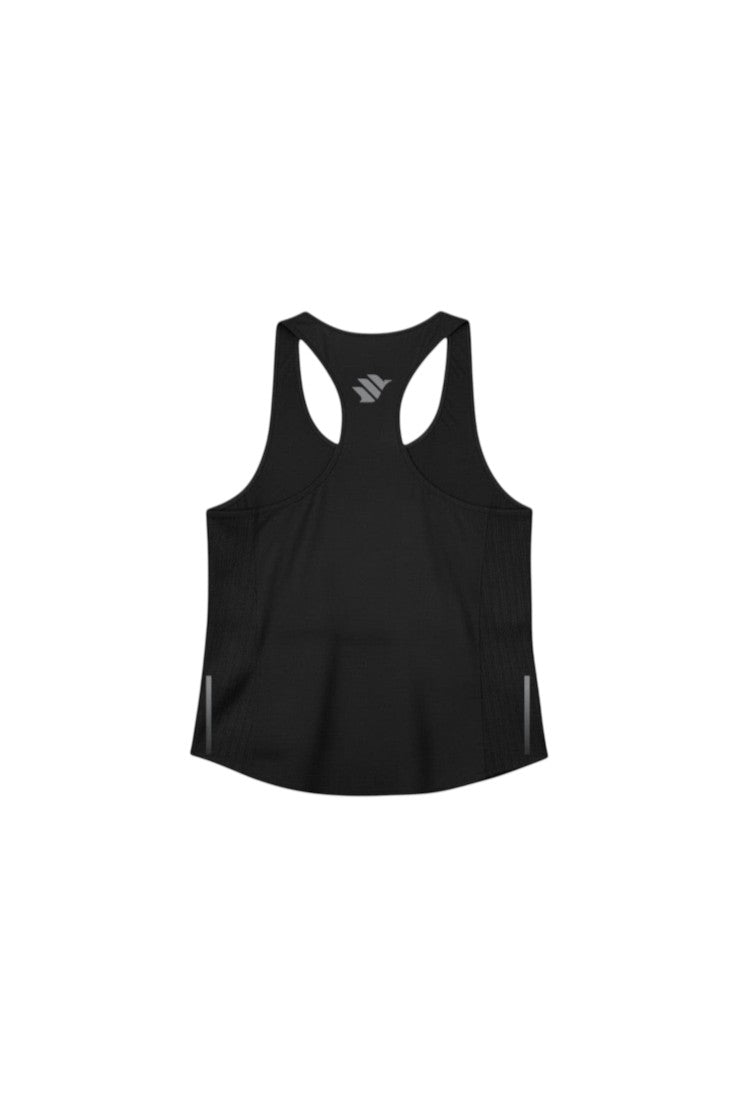 Regata de corrida feminina preta SPORTBR AirMesh com design nadador, tecido leve e detalhes refletivos nas costas.