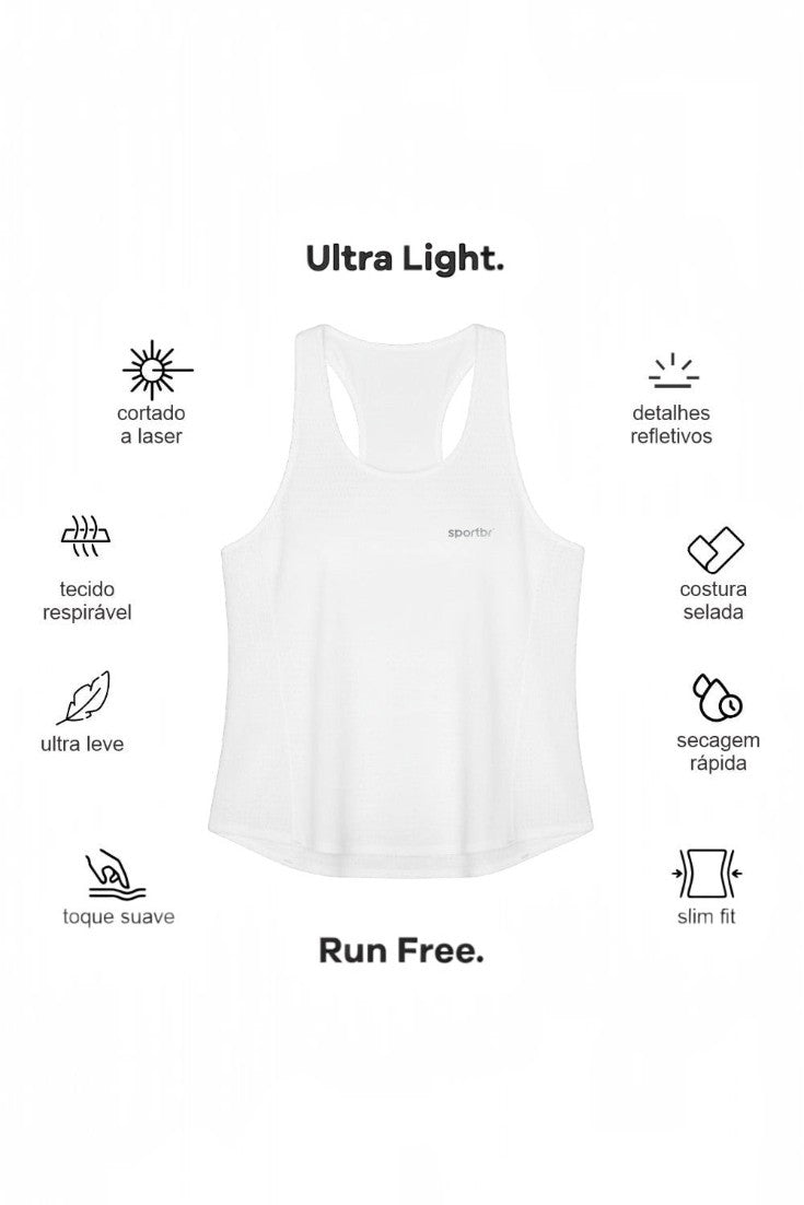 Regata feminina branca SPORTBR AirMesh para corrida com detalhes técnicos de ventilação, corte a laser e leveza.