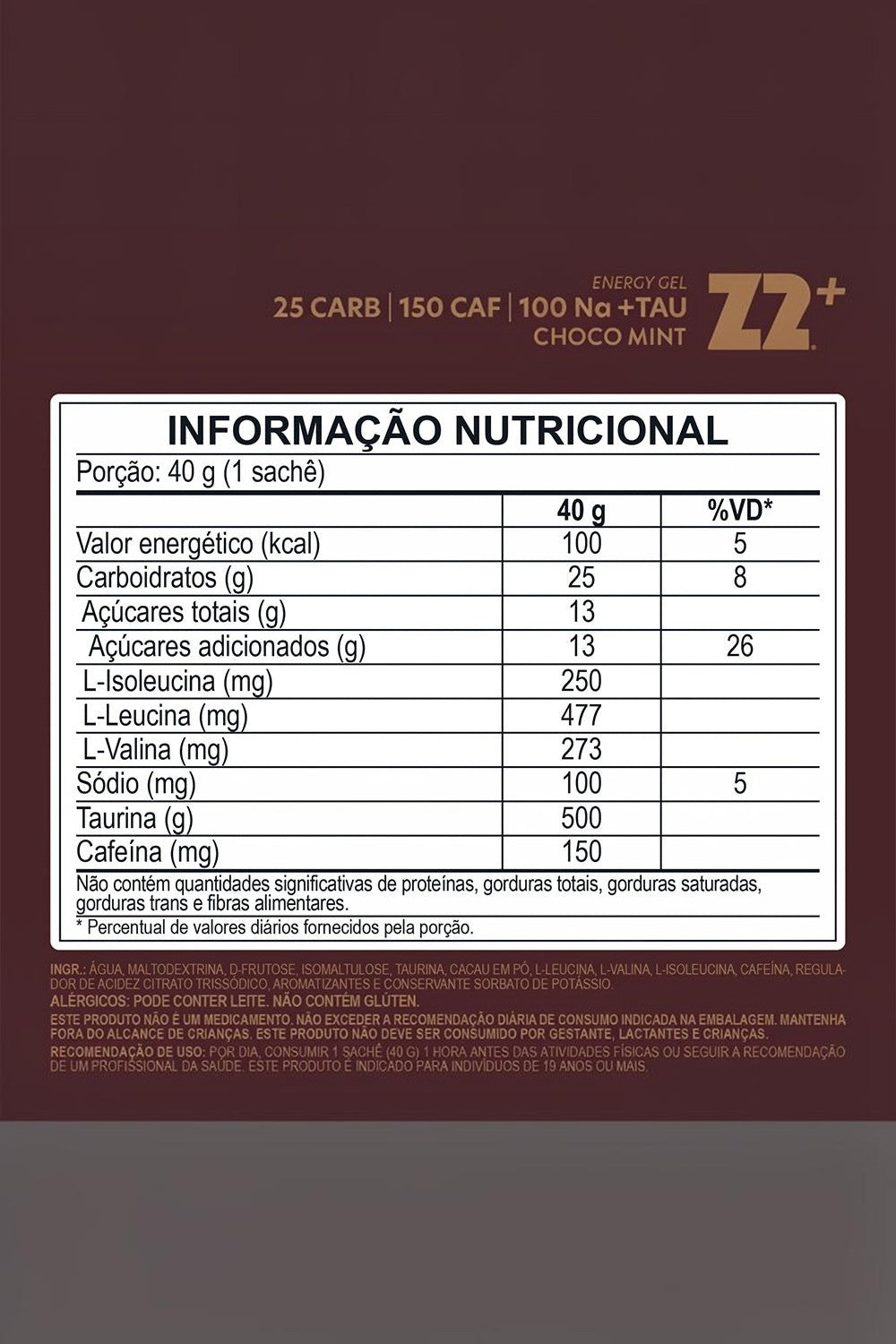 Tabela nutricional do sachê de gel de carboidrato Z2+ Choco Mint da SPORTBR com 25g de carboidratos e cafeína