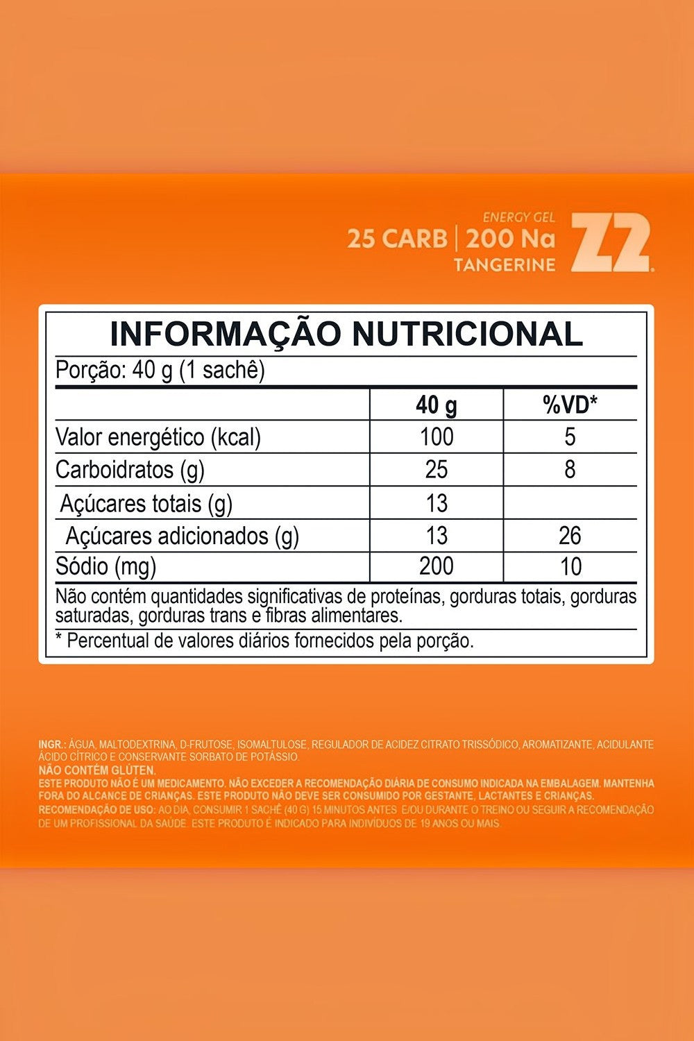 Tabela nutricional do sachê de gel de carboidrato SPORTBR Z2 sabor tangerina com 25g de carboidratos e 200mg de sódio