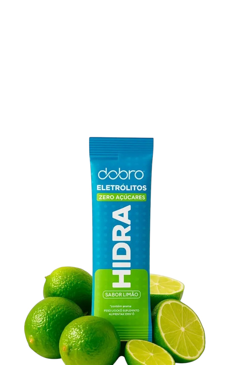 Sachê de eletrólitos em pó SPORTBR Dobro sabor limão, ideal para hidratação, com embalagem azul e limões frescos.