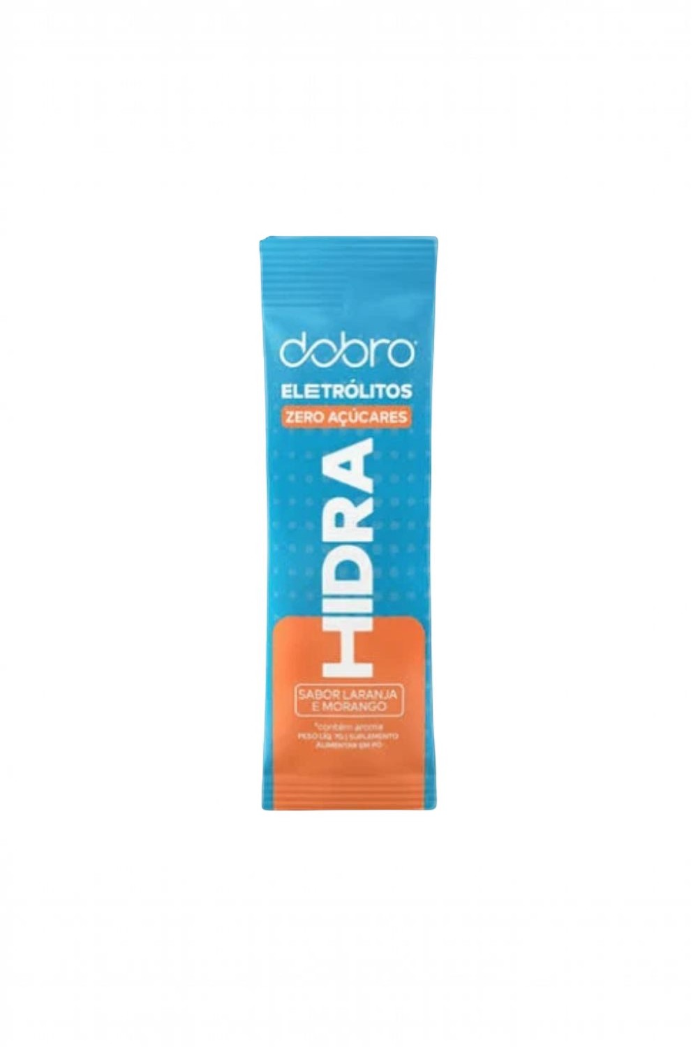 Sachê de eletrólitos em pó SPORTBR Dobro sabor laranja e morango, embalagem azul de 7g para hidratação esportiva.