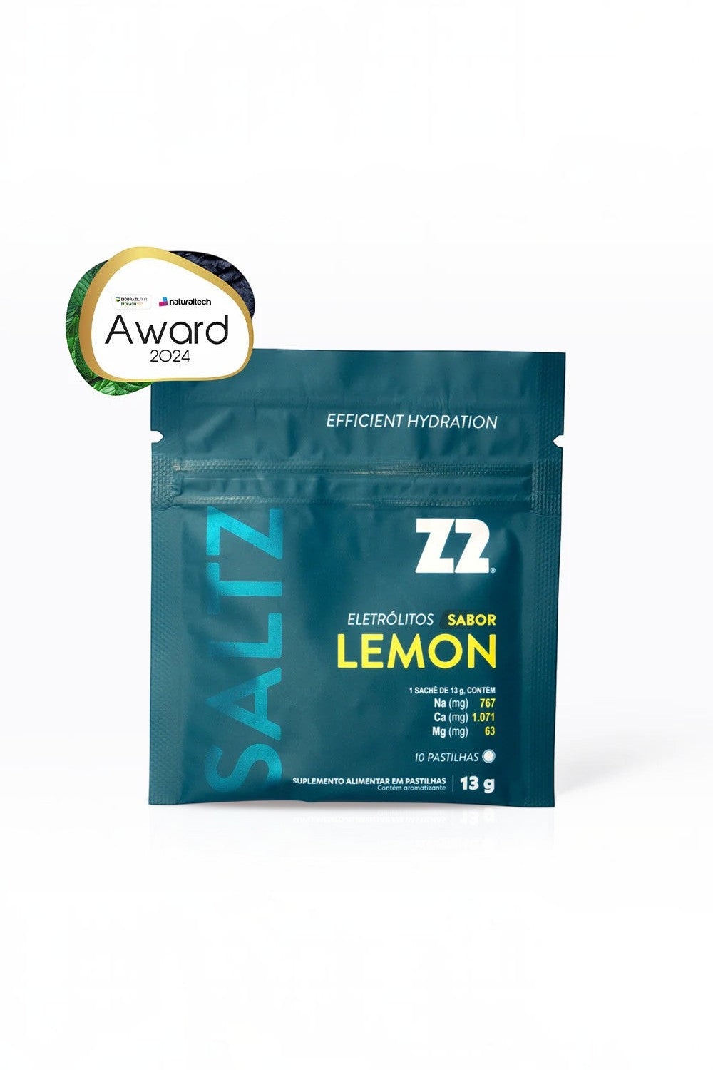 Sachê de pastilhas de eletrólitos SPORTBR Saltz Z2 sabor Lemon com selo de premiação Natural Tech Awards 2024