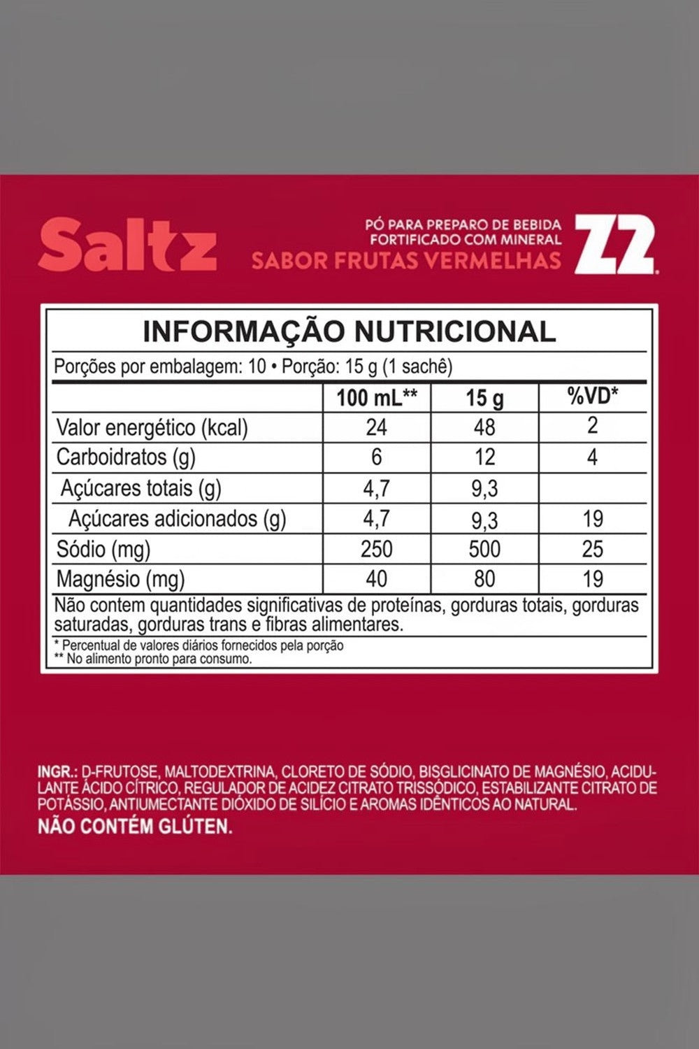 Tabela nutricional do sachê Saltz 500 Z2 sabor frutas vermelhas da SPORTBR com informações de eletrólitos e minerais.