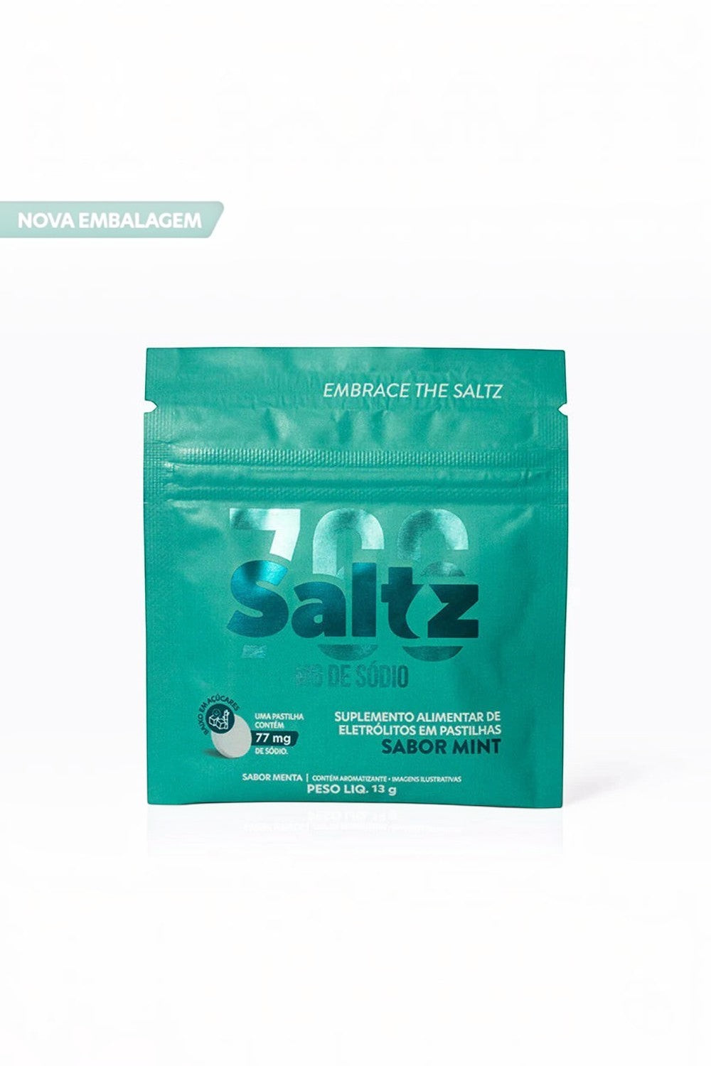 Sachê de pastilhas de eletrólitos SPORTBR Saltz Z2 sabor menta, embalagem verde de 13g para reposição mineral.
