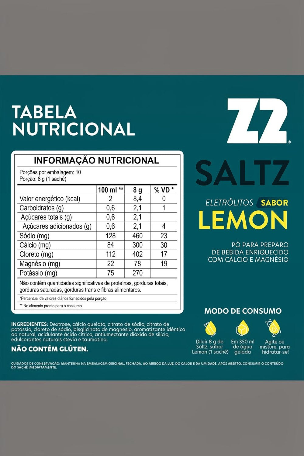 Tabela nutricional do sachê de eletrólitos SPORTBR Saltz Z2 sabor Lemon com informações de preparo e ingredientes