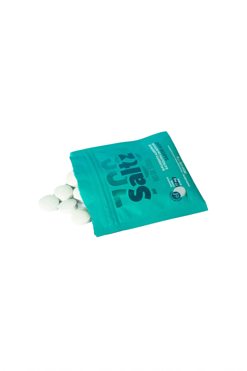 Sachê de pastilhas de eletrólitos Sportbr Saltz sabor menta, ideal para reposição mineral em treinos esportivos.