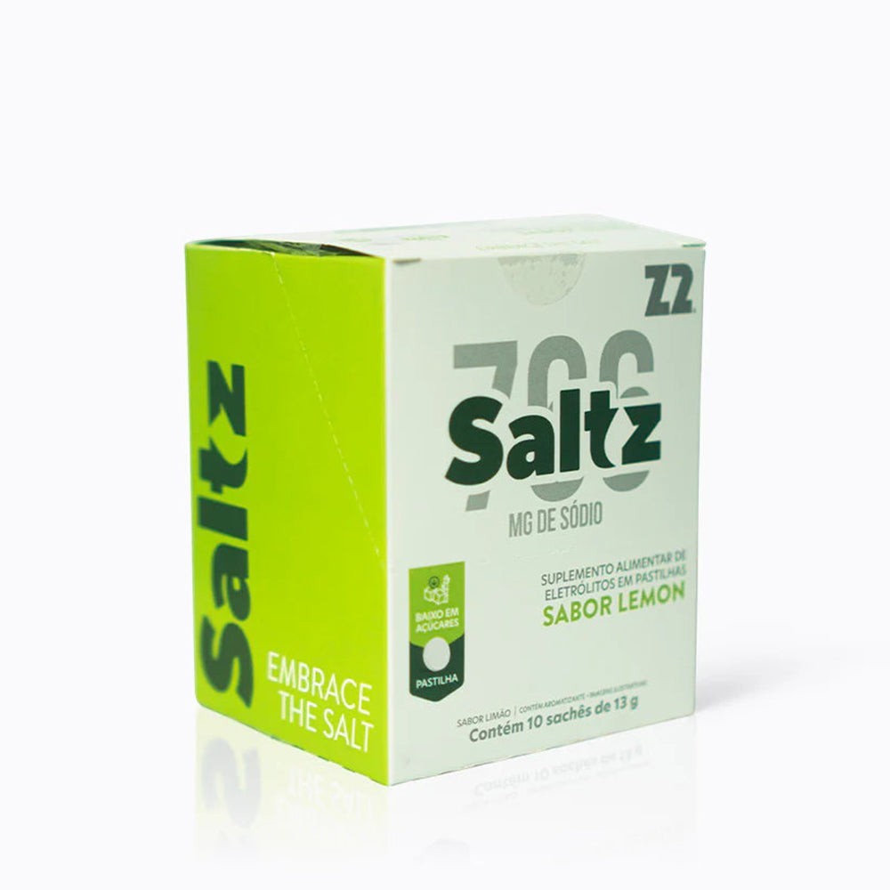 Caixa de suplemento alimentar Saltz Pastilha Z2 sabor Lemon, com 10 sachês de 13g, baixo em açúcares e rico em eletrólitos.