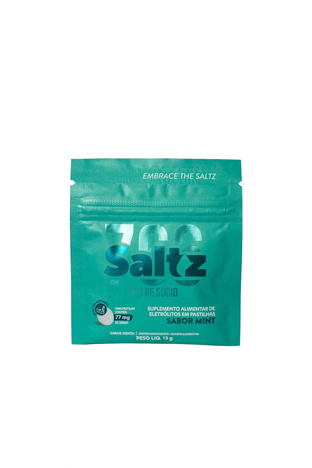 Sachê de pastilhas de eletrólitos Sportbr Saltz sabor menta, embalagem verde de 13g para reposição mineral esportiva.