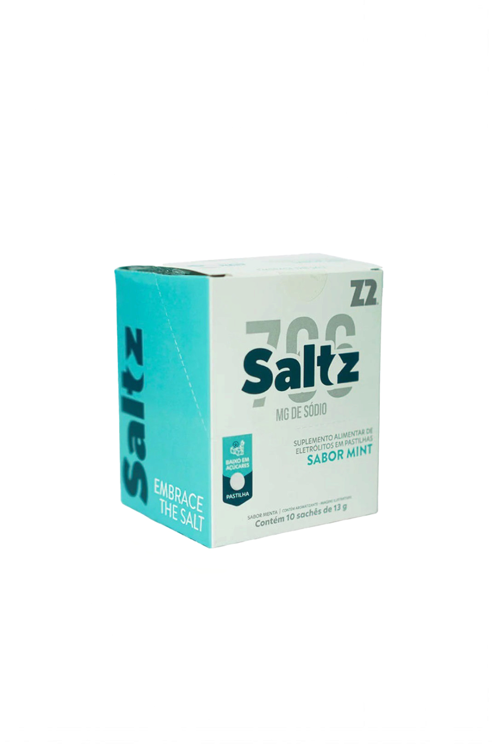 Caixa de suplemento eletrolítico Sportbr Saltz Z2 sabor menta com 10 sachês de pastilhas para reposição de sais.
