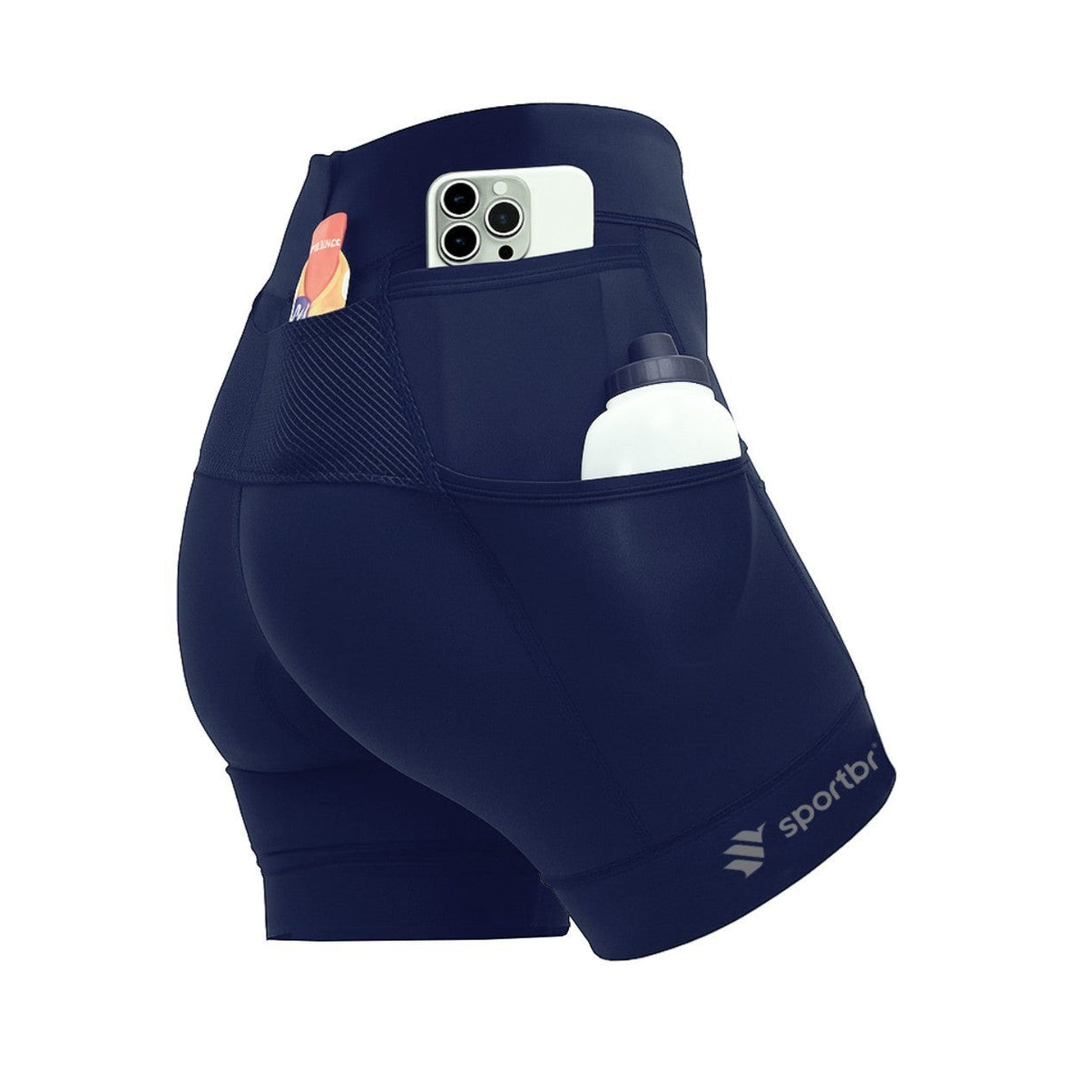 Shorts de compressão feminino SPORTBR azul marinho com 6 bolsos, ideal para corrida e treino.
