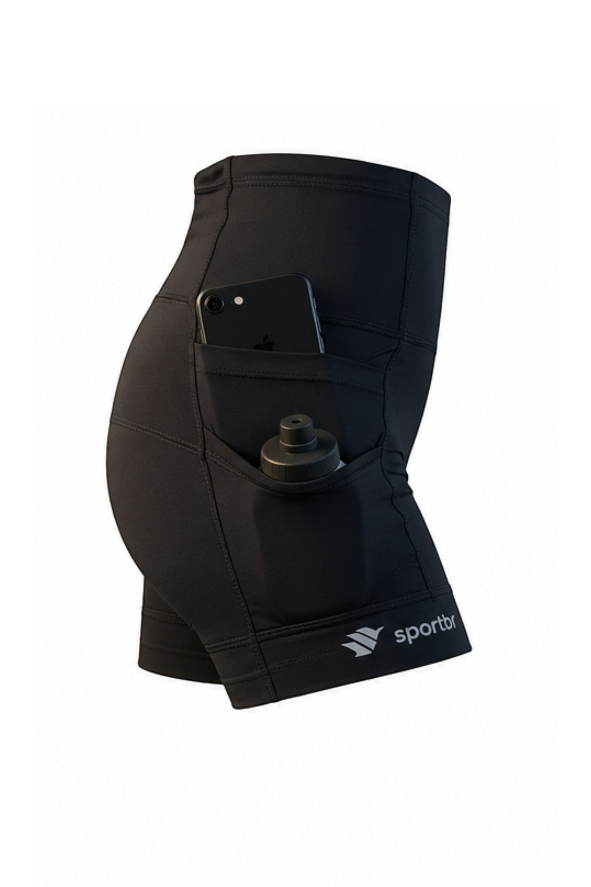 Shorts de compressão feminino preto SPORTBR com cós alto e bolsos laterais para celular e garrafa de hidratação.
