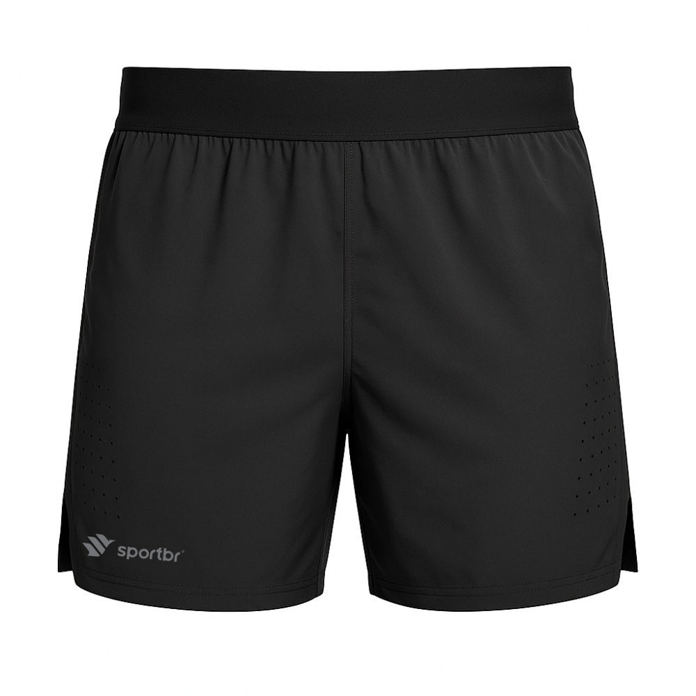 Shorts preto soltinho masculino SPORTBR com logo lateral, ideal para corrida e treino, com perfurações para ventilação.
