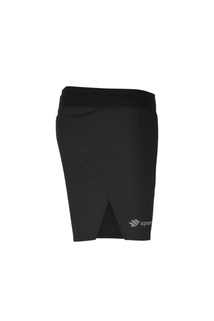 Shorts de corrida masculino preto SPORTBR com tecido leve, fendas laterais e detalhes perfurados para ventilação