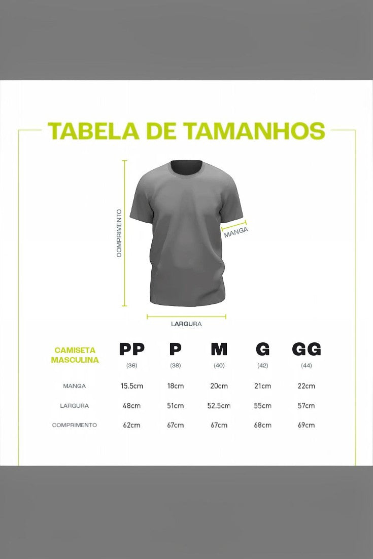 Tabela de medidas da camiseta masculina Julia Sette Pace preta da SPORTBR com ilustrações de tamanhos PP ao GG