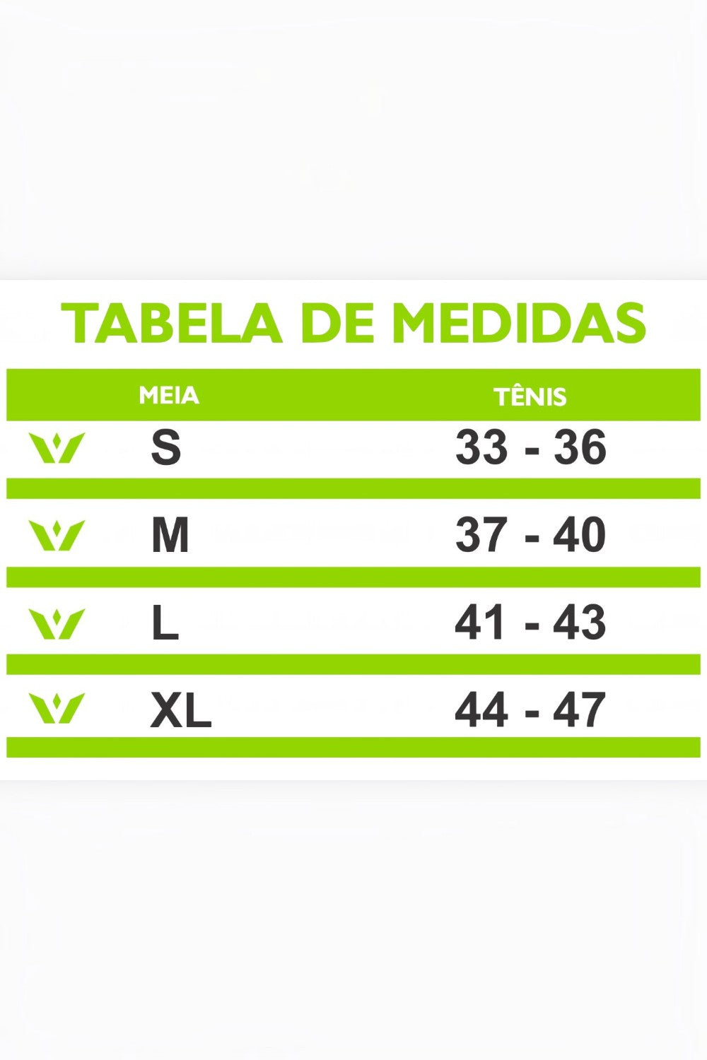 Tabela de medidas da meia de compressão SPORTBR Swiftwick Aspire One, mostrando tamanhos S, M, L e XL com numerações.