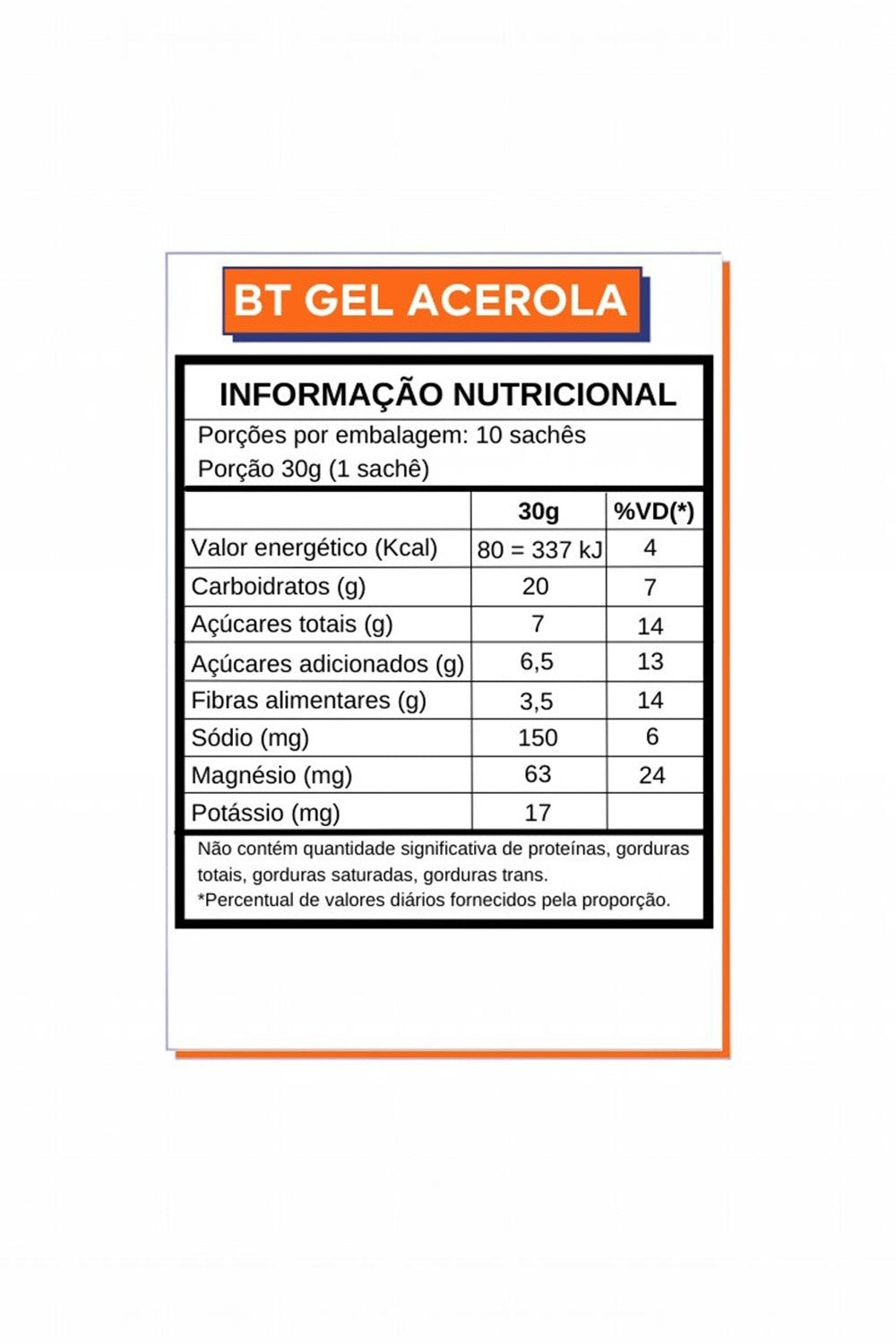 Tabela nutricional do sachê BT Gel SPORTBR sabor beterraba com acerola, detalhando carboidratos, sódio e magnésio.