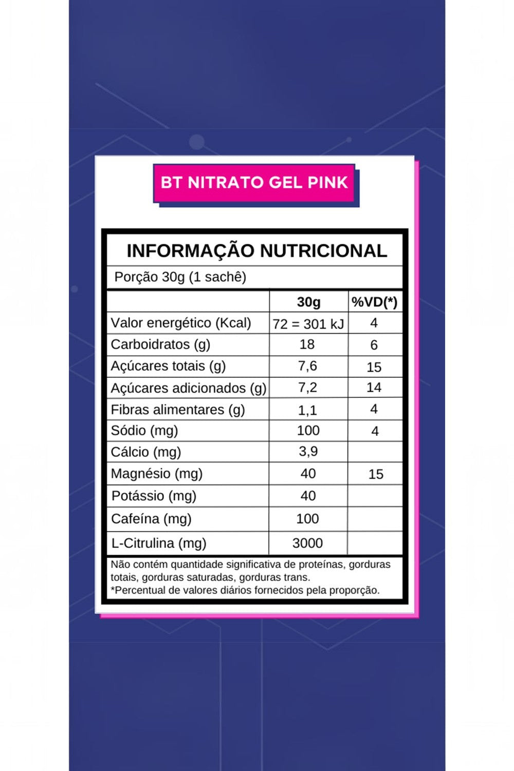 Tabela nutricional do gel de carboidrato SPORTBR BT Nitrato Gel Pink Lemonade com 30g por sachê