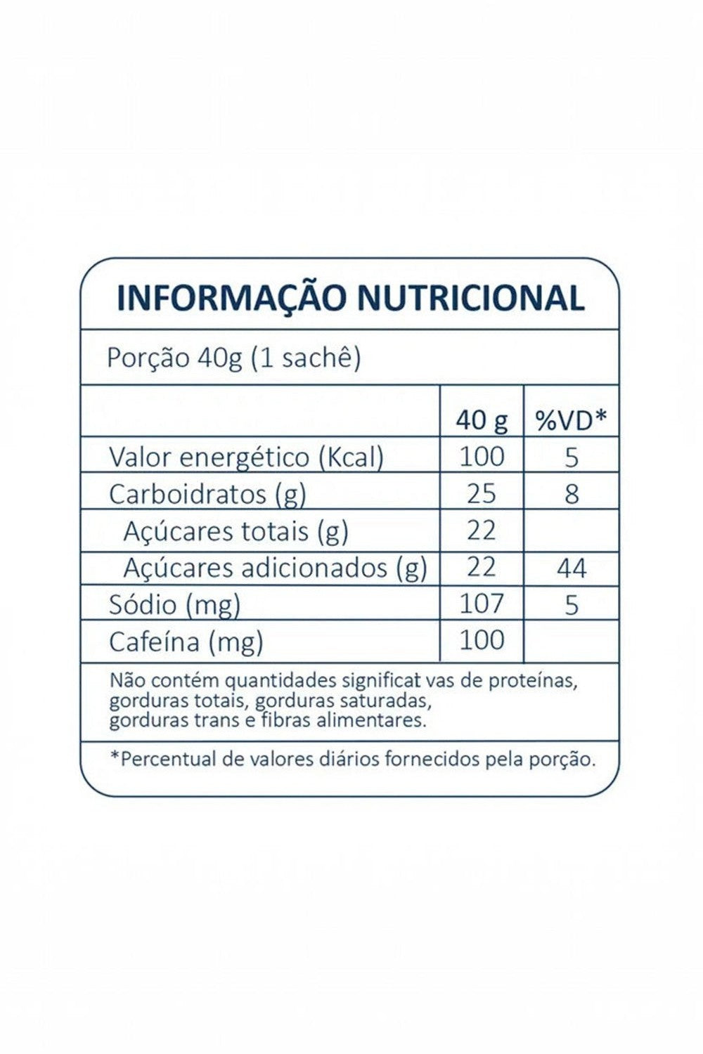 Tabela de informação nutricional do gel de hidratação SPORTBR com 100mg de cafeína e 25g de carboidratos por sachê.