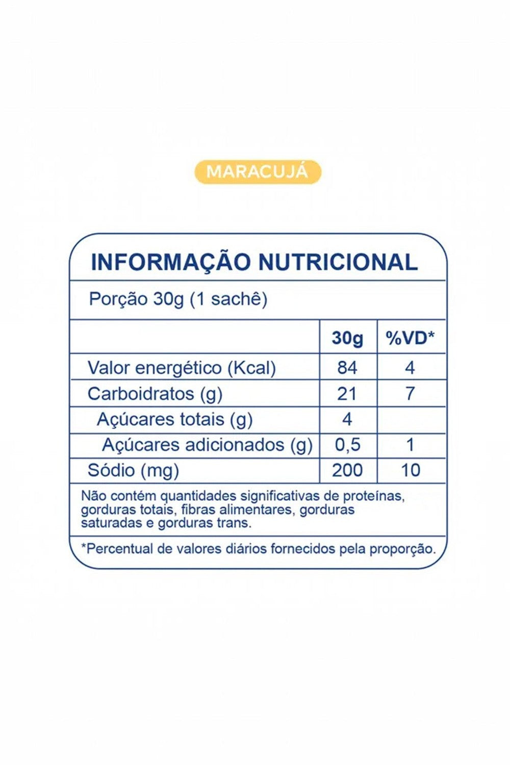 Tabela nutricional do sachê de gel de carboidrato SPORTBR sabor maracujá, detalhando calorias, carboidratos e sódio.