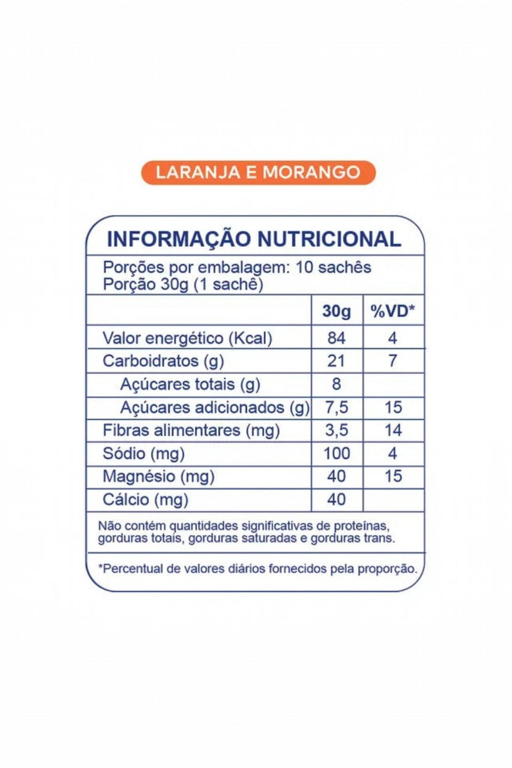 Tabela de informação nutricional do gel de carboidrato SPORTBR BT Nitrato sabor laranja e morango com 30g por sachê.