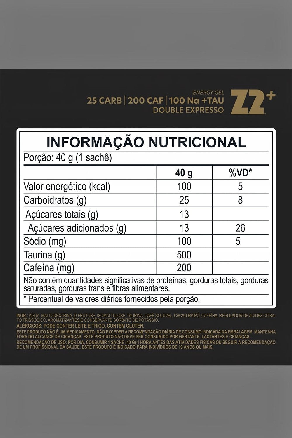 Tabela nutricional do sachê de gel de carboidrato SPORTBR Z2+ sabor Double Expresso com 25g de carboidratos