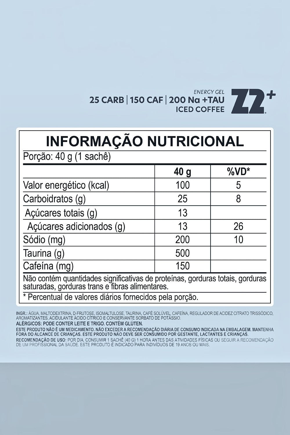 Tabela nutricional do gel de carboidrato SPORTBR Z2+ sabor Iced Coffee com 25g de carboidratos e 150mg de cafeína.